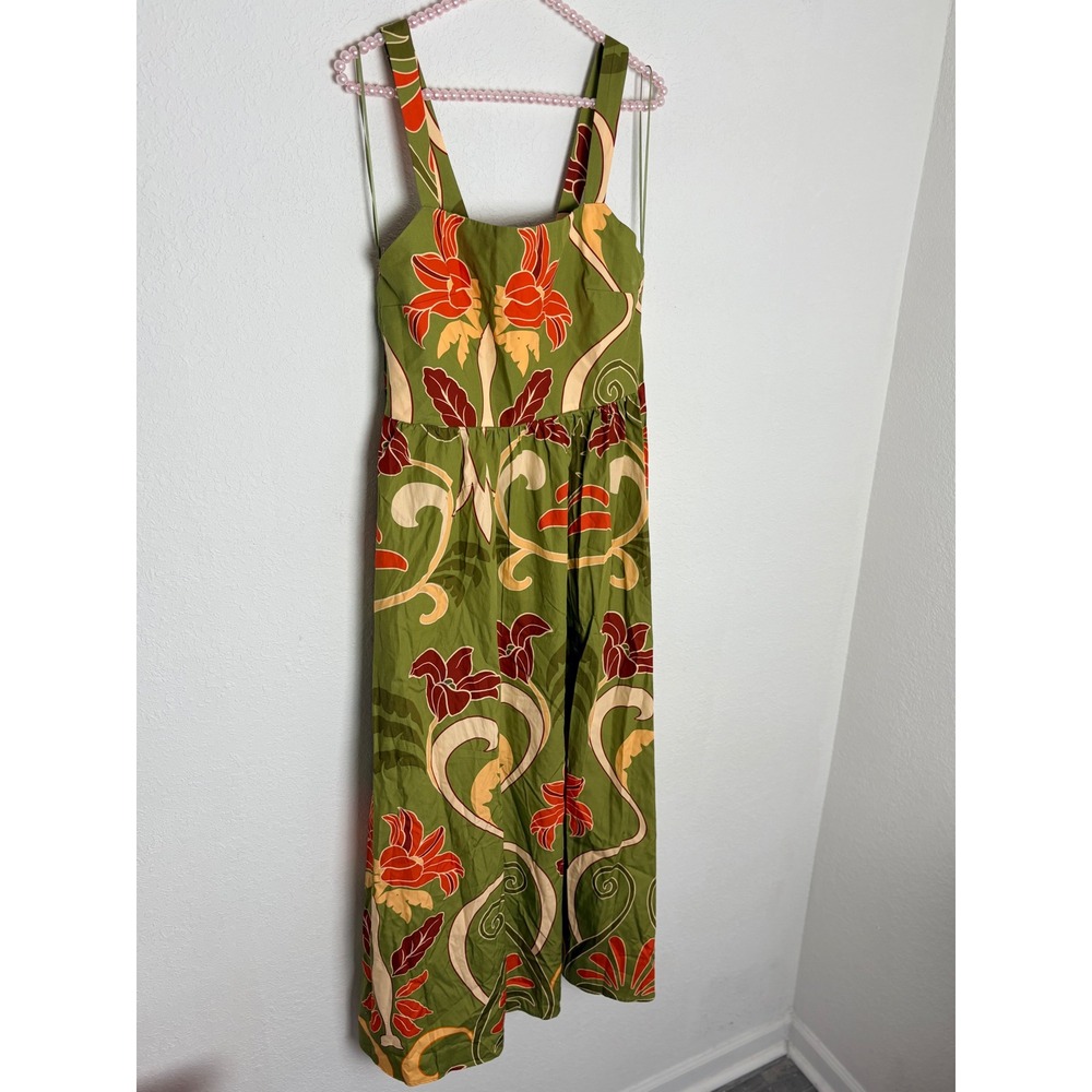 Zara Floral Midi Dress Medium Green Tropical Cotton V-Back Sleeveless New tie up - Picture 2 of 16